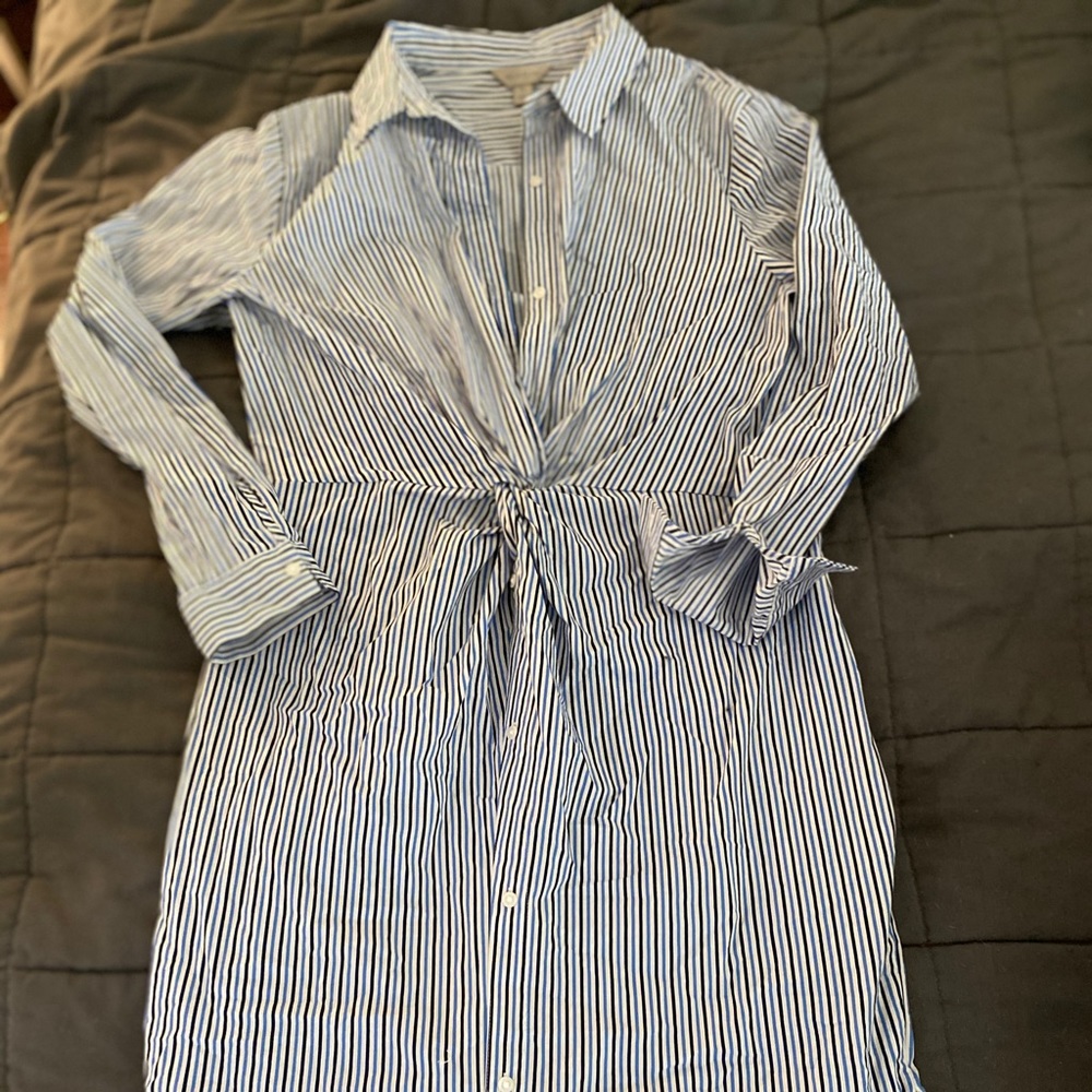 Knotted blue striped shirt dress